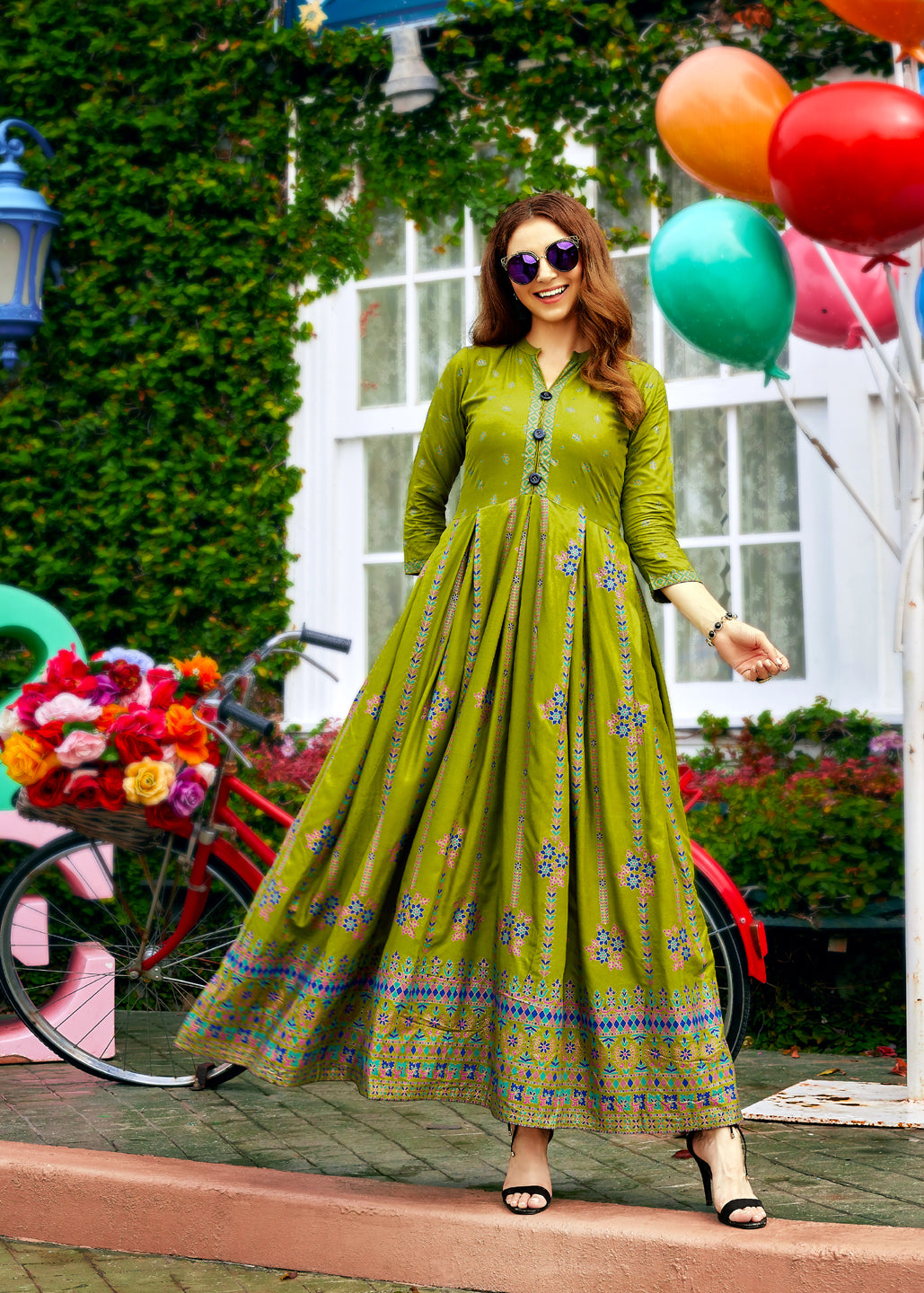 Green Rayon Printed Anarkali Kurti For Women