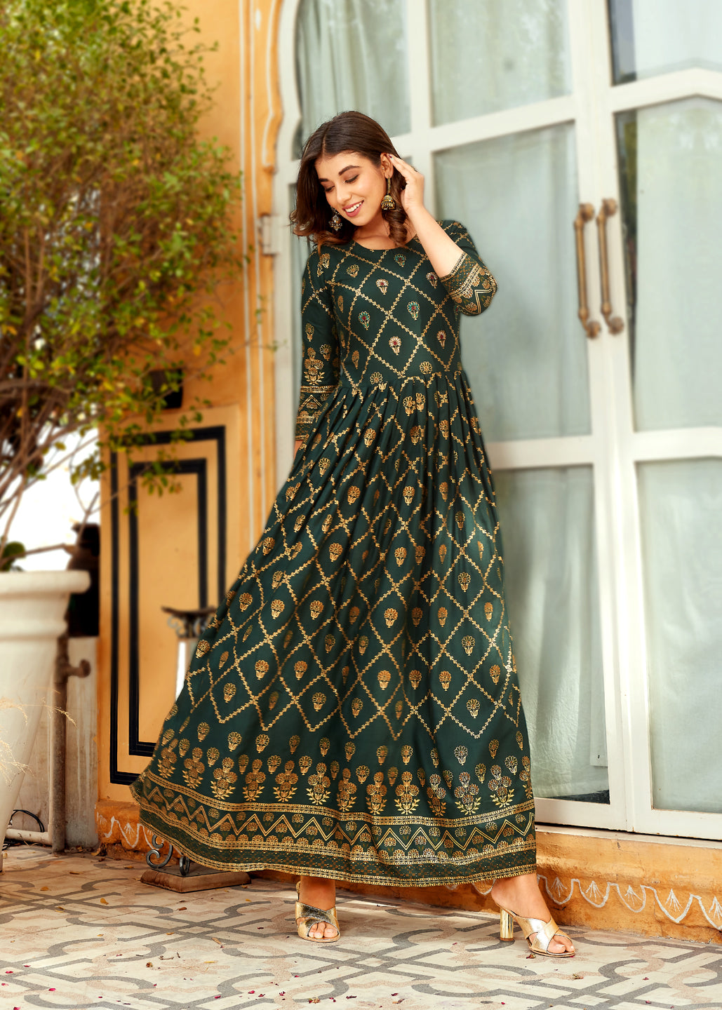 Dark Green Rayon Foil Printed Anarkali Dress For Women