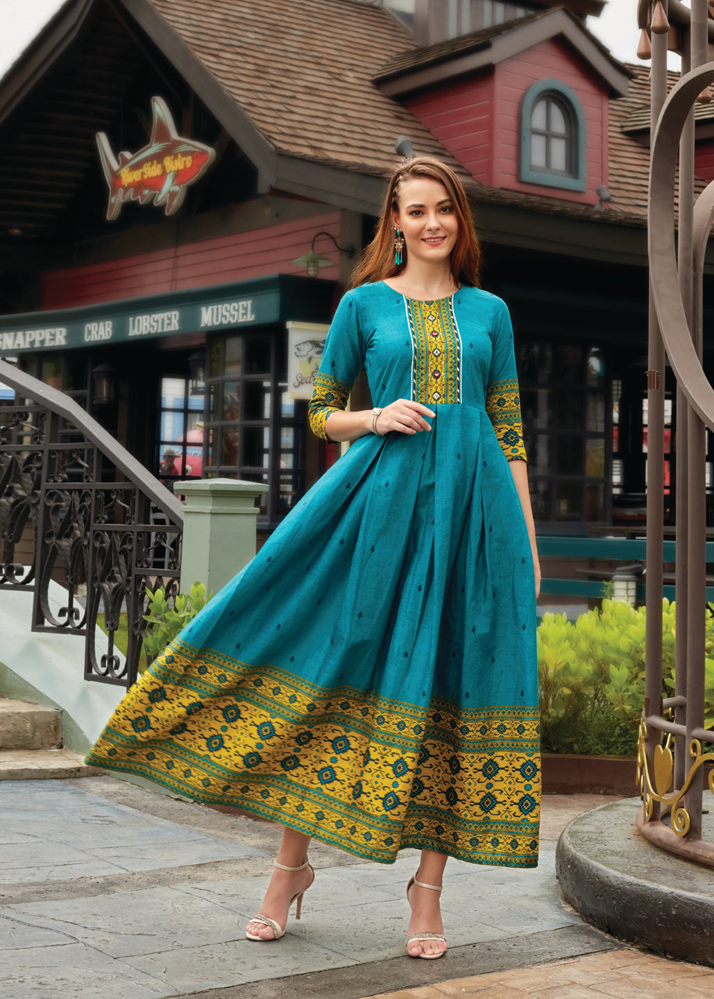 Blue Cotton Printed Anarkali Kurti For Women