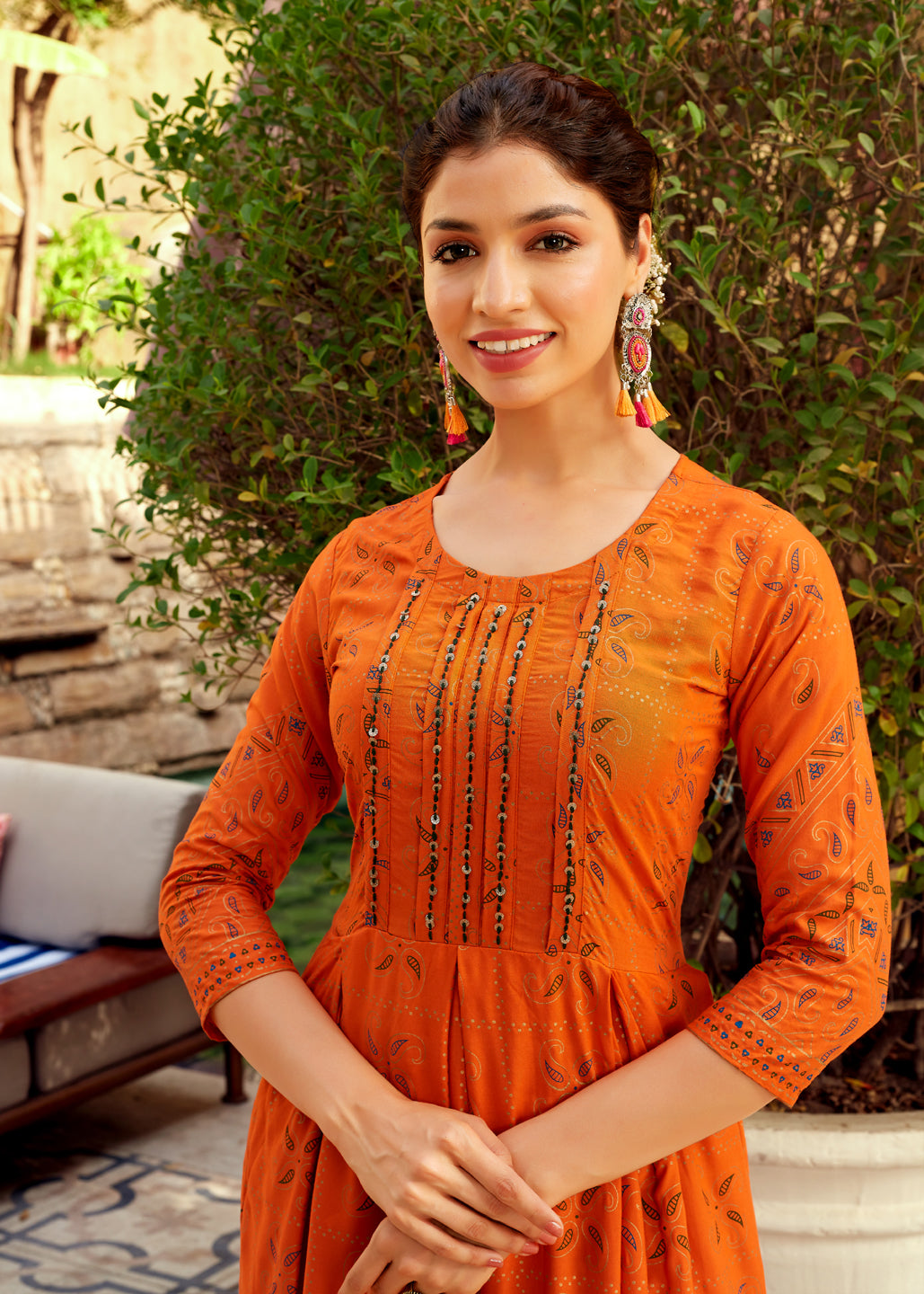 Orange Rayon Thread Work Anarkali Dress