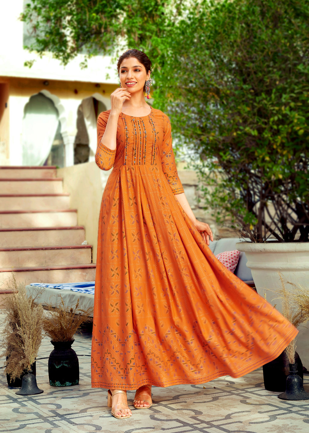 Orange Rayon Foil Printed Anarkali Wear For Women