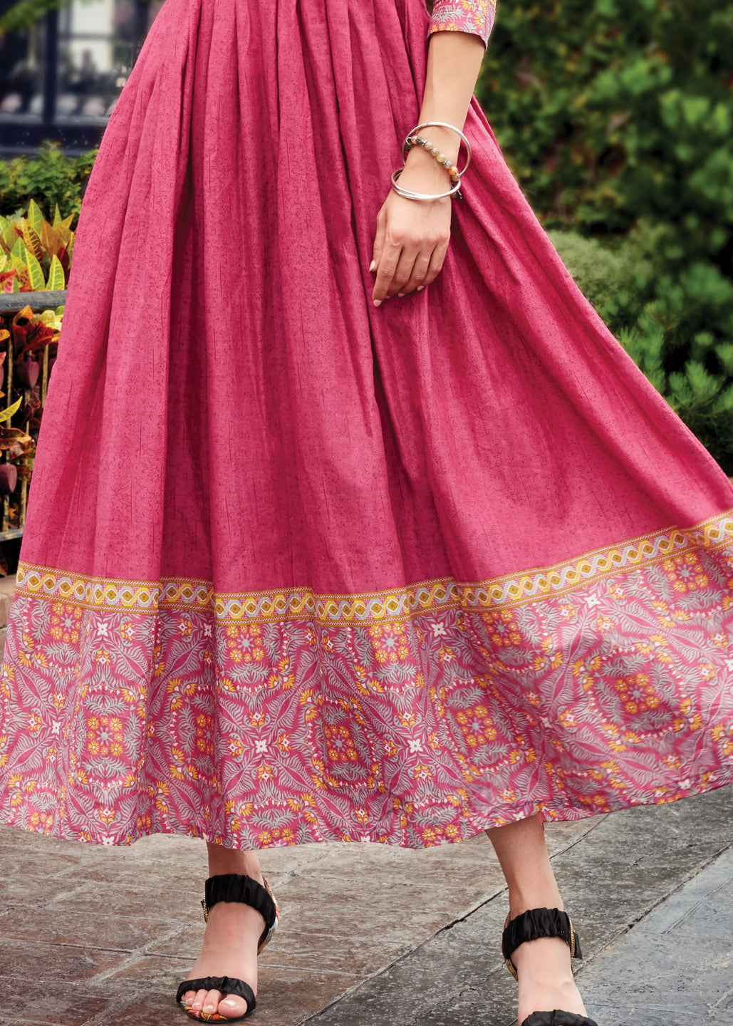 Pink Anarkali Dress Placket View of Flare