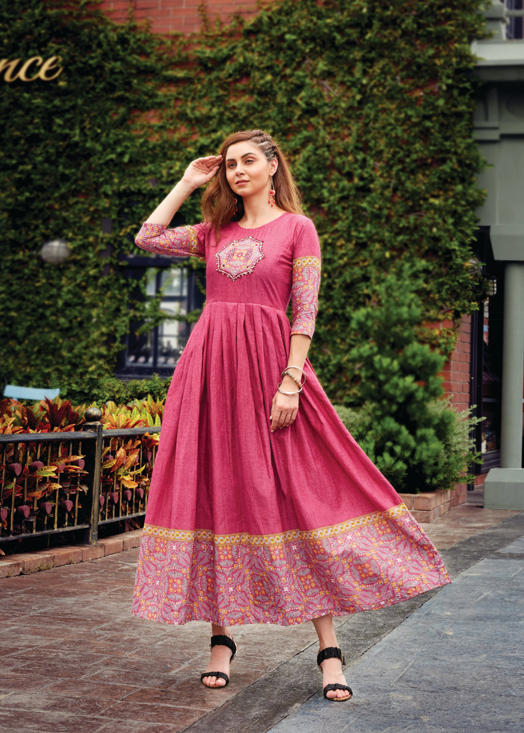 Pink Cotton Embroidered Printed Anarkali Kurta For Women