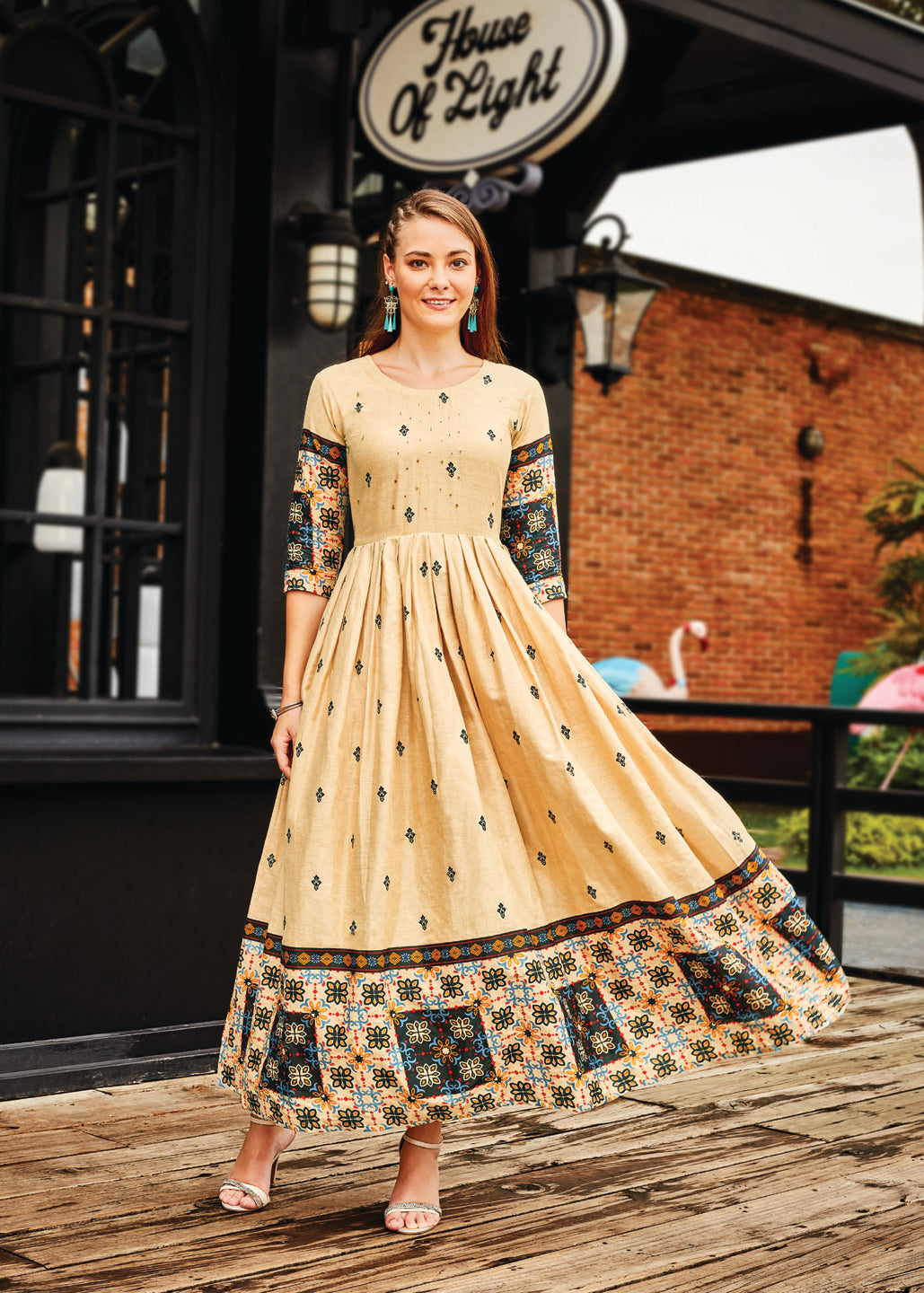 Light Yellow Cotton Printed Anarkali Gown For Women