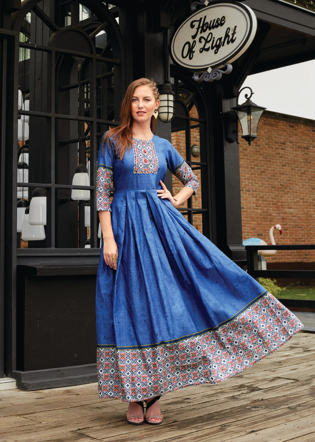 Royal Blue Cotton Printed Anarkali Kurta For Women