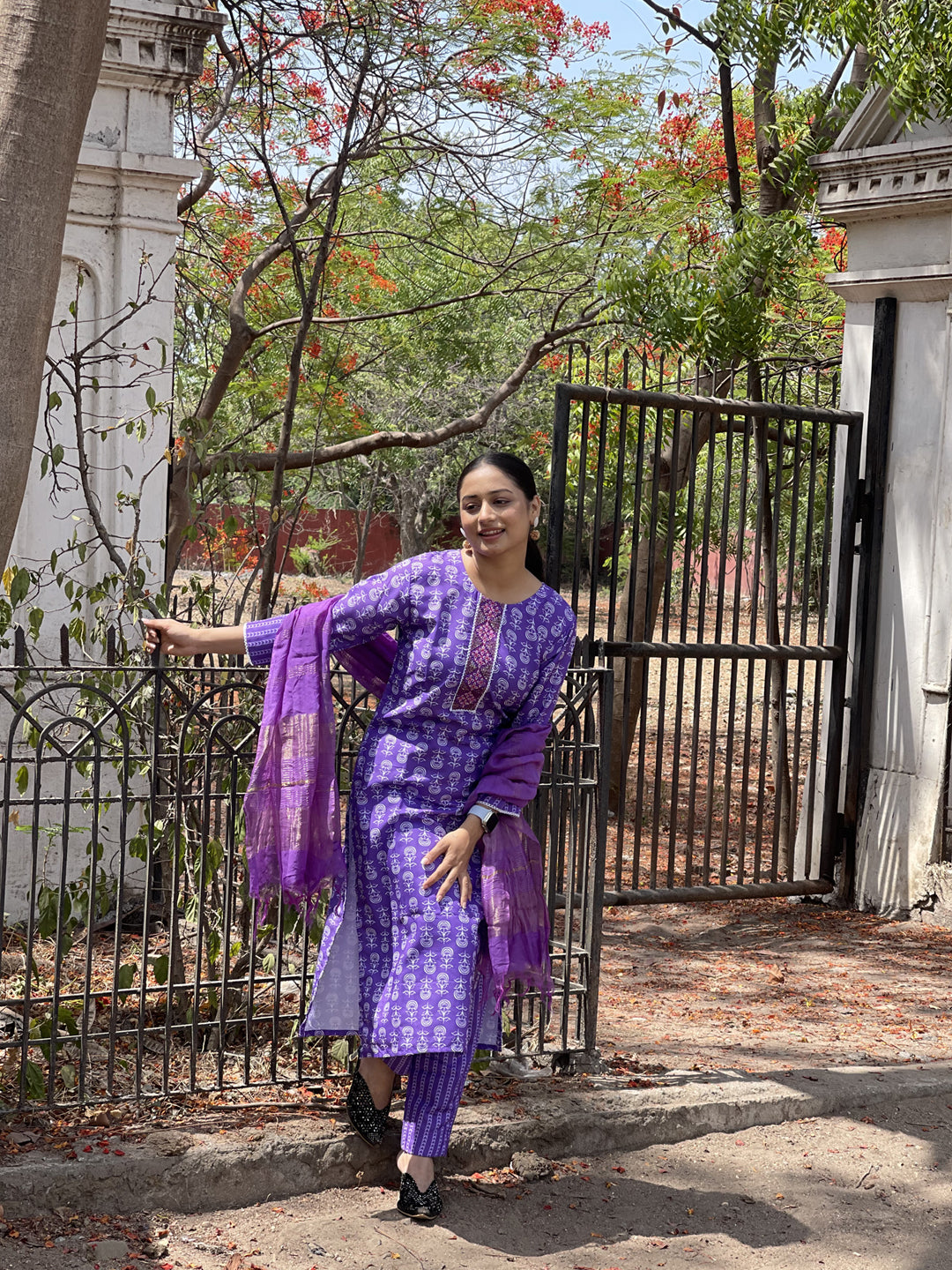 Purple Rayon Printed Kurti Pant Set with Dupatta for Women