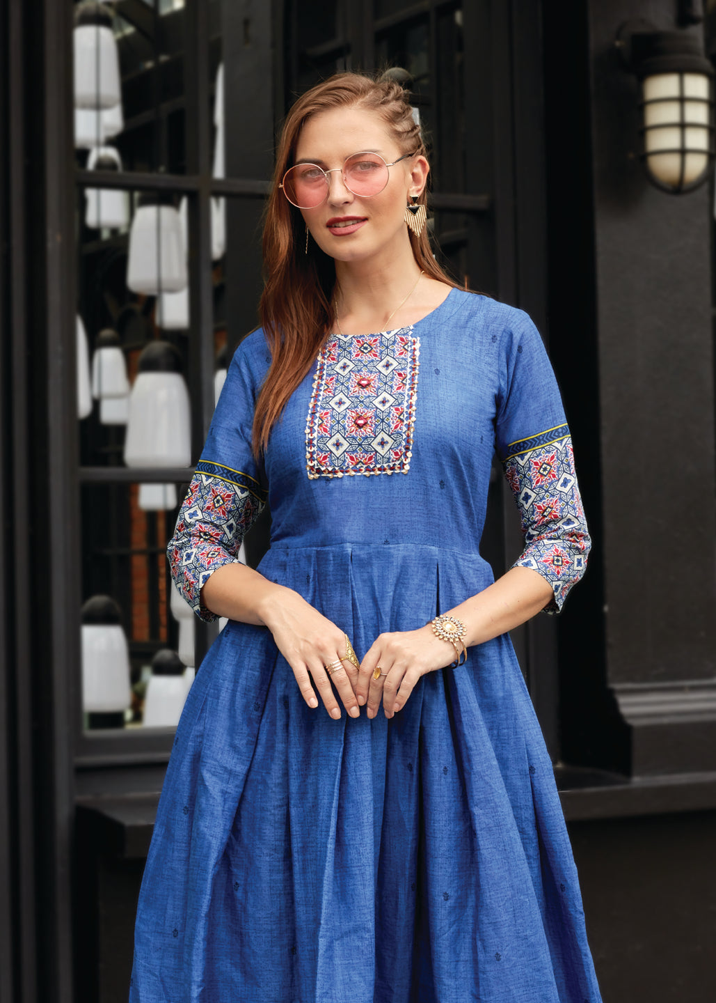 Royal Blue Cotton Anarkali Kurti Placket View