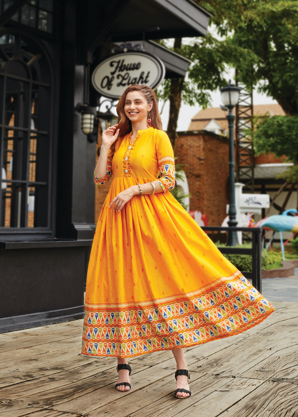 Yellow Women Cotton Printed Anarkali Dress For Women