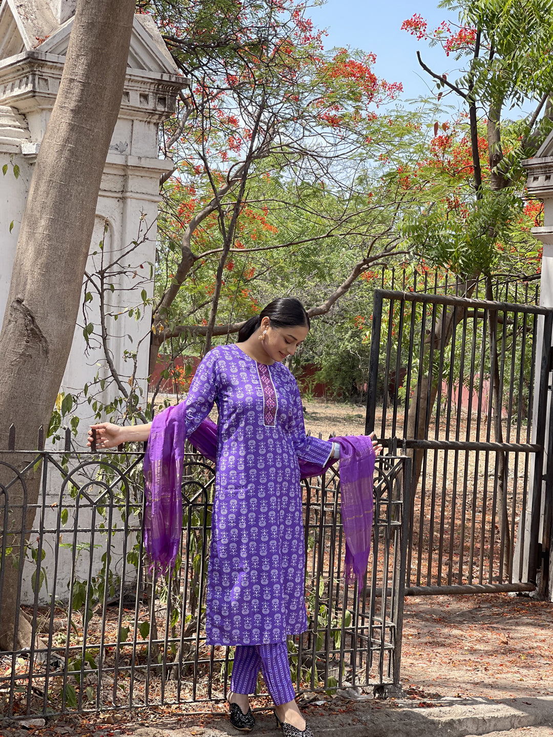 Purple Rayon Printed Kurti Pant Set with Dupatta for Women