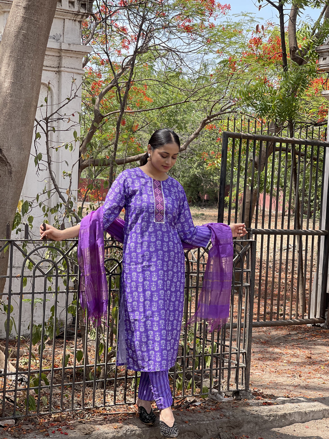 Purple Rayon Printed Kurti Pant Set with Dupatta for Women