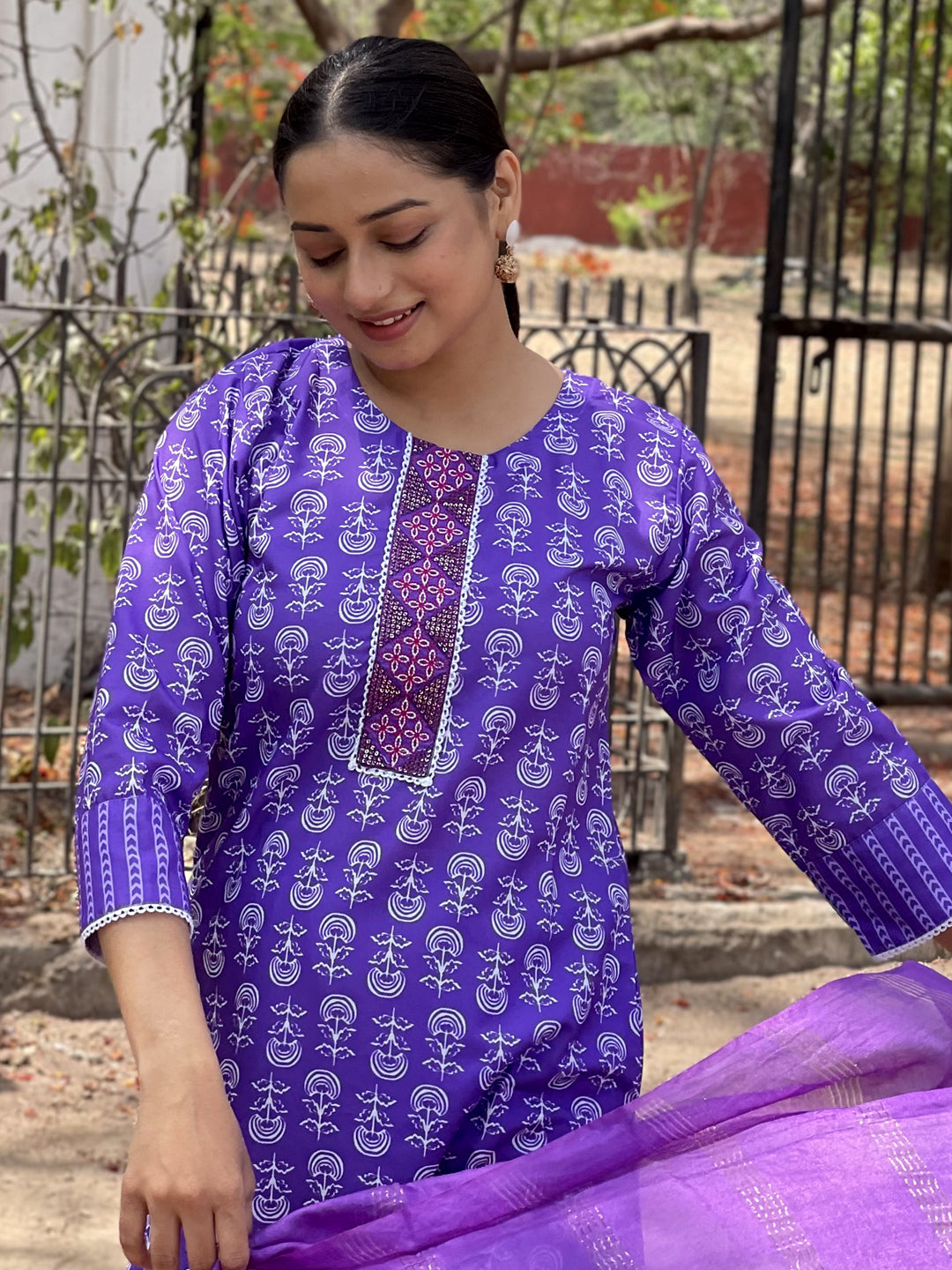 Purple Rayon Printed Kurti Pant Set with Dupatta for Women